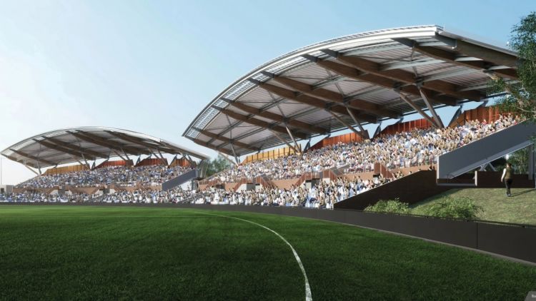 An artists impression of the stands of Eureka stadium seen from the pitch. 