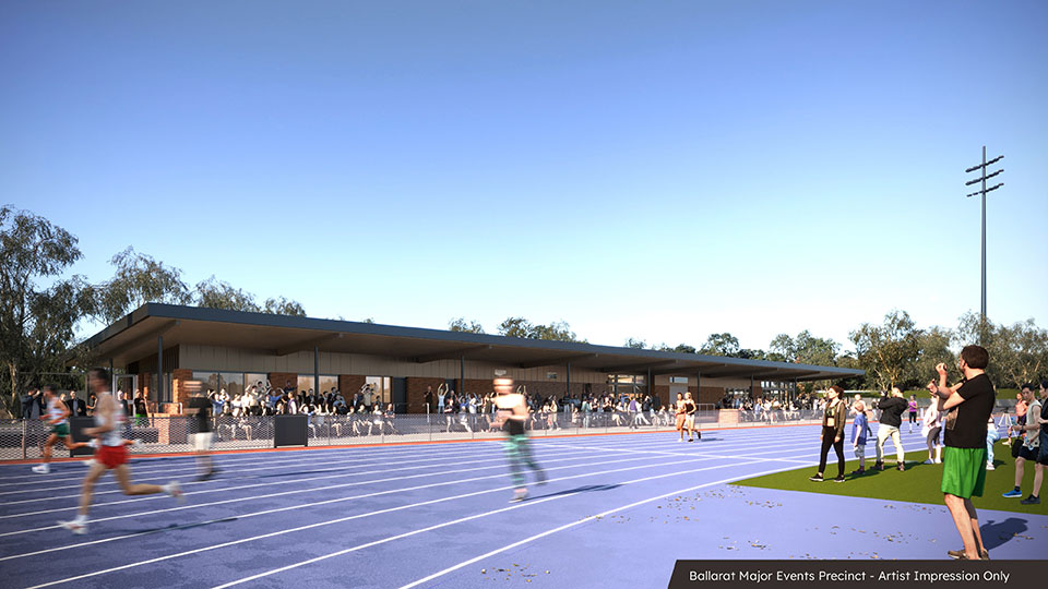 Artists impression of runners and spectators at the Ballarat Major Events Precinct athletics track