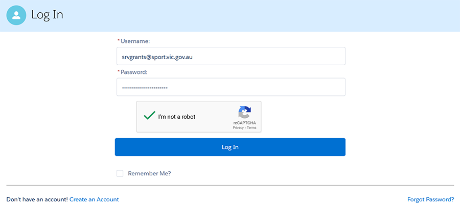 A snapshot of the Grants Portal Log-in webpage, with fields for username, password, a reCAPTCHA checkbox, and a ‘Log In’ button.