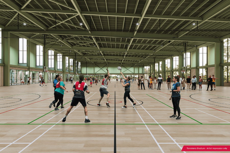 Artist impression of people playing netball indoors