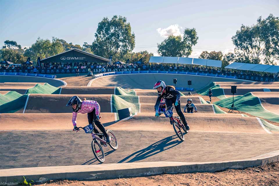 Competitors cross the finish line at the 2026 GWM BMX Racing National Championships.