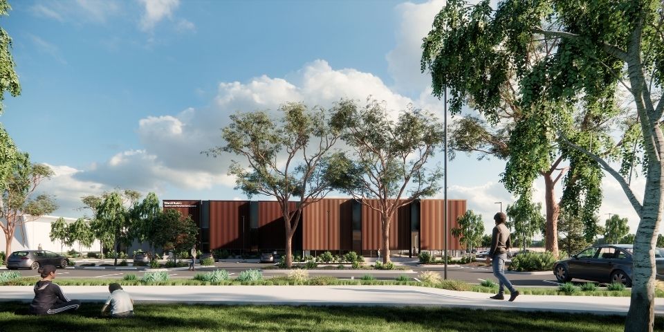 Artist's render of the building and external landscaping at the Wurdi Baierr Aquatic and Recreation Centre.