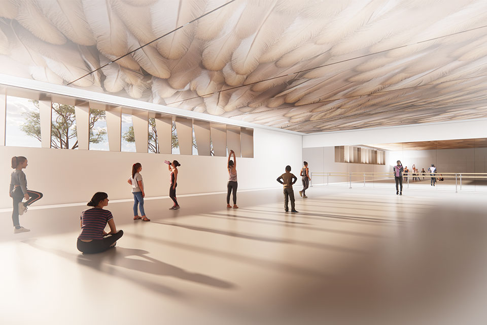 Artist's impression of a dance room, showing dancers warming up under a ceiling that has the appearance of feathers.