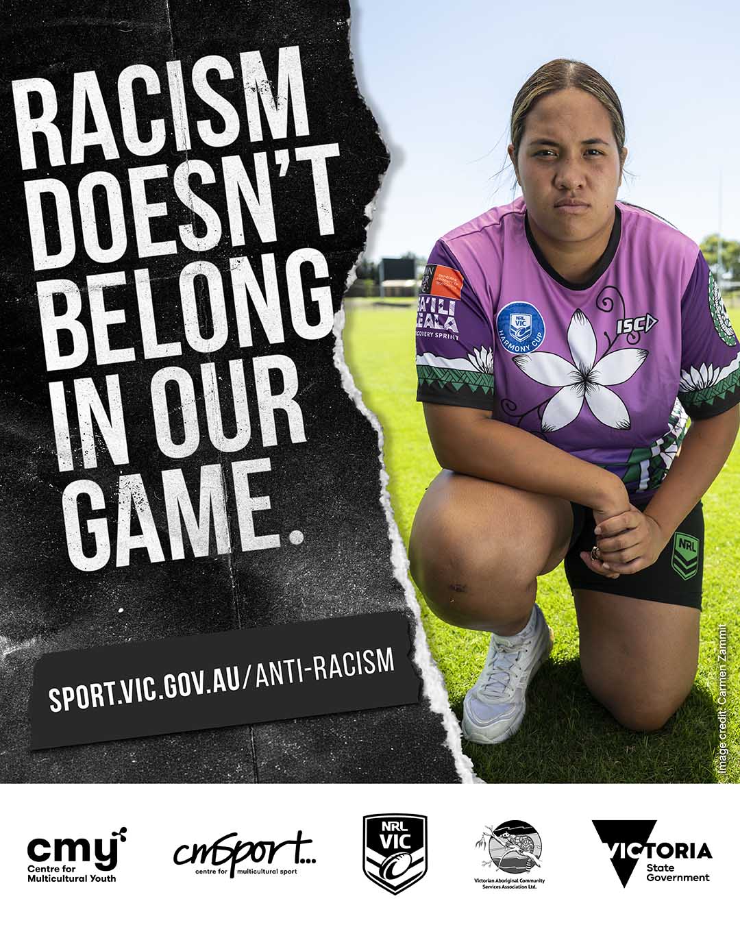 person in rugby uniform with text 'Racism doesn't belong in our game' with link to 'sport.vic.gov.au/anti-racism