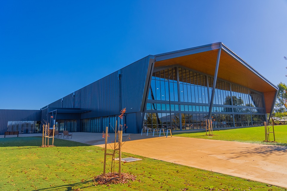 Macedon Ranges Sports Precinct stadium external view of the building