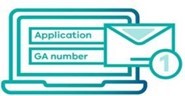 Icon of a laptop displaying text fields labeled ‘Application’ and ‘GA number’.