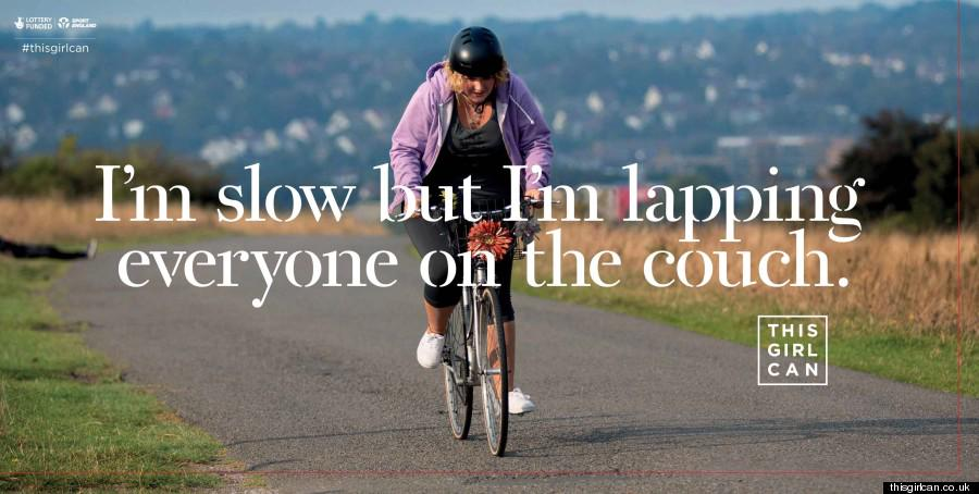 Sport England campaign poster of a woman on a bike with the caption, 'I'm slow but I'm lapping everyone on the couch.