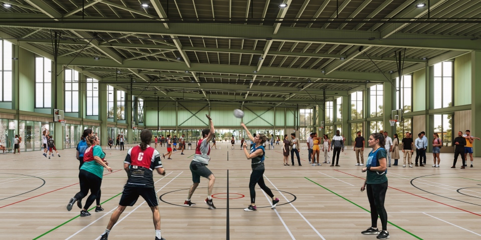 A mixed netball team competing on an indoor court in an artist impression of the Armstrong Creek Sports Centre