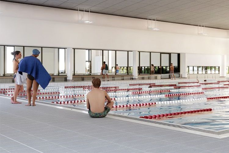 Artists impression of a pool with swimmers standing and sitting beside it.