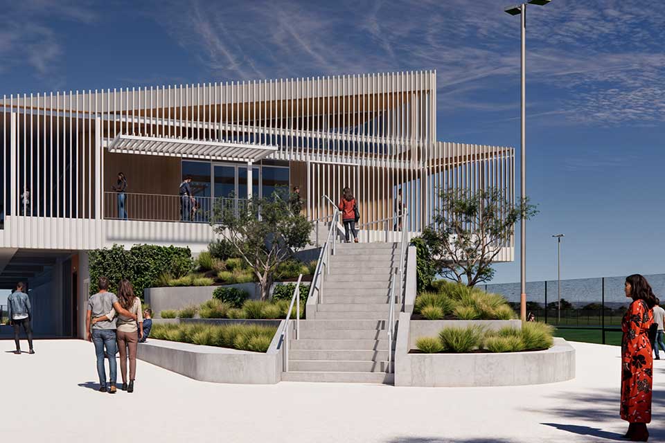Artist render of Stead Park entry gate showing steps leading up to the clubhouse.