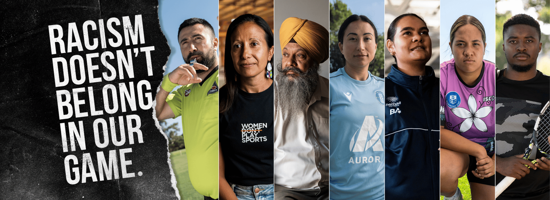 Photos of the 7 participant's stories with text 'Racism doesn't below in our game