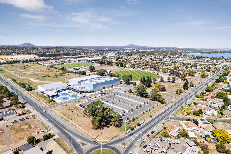 Selkirk Stadium, Mars Stadium and the Ballarat Major Events Precinct from the air.