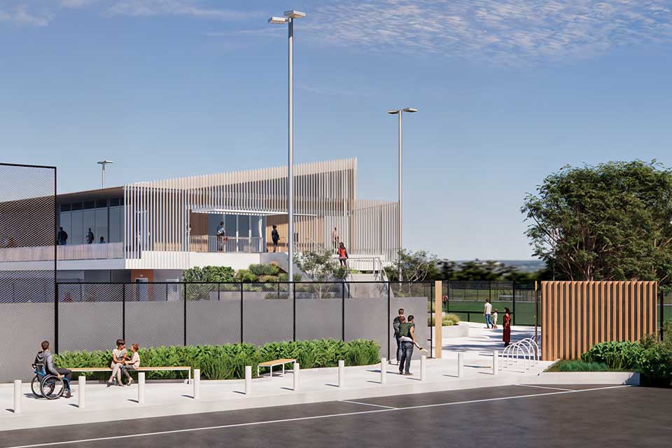 Artist render of Stead Park showing people using the south entrance.