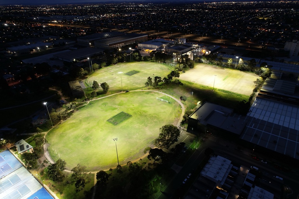 Aerial shot of Hansen Reserve Maribyrnong lit up at night