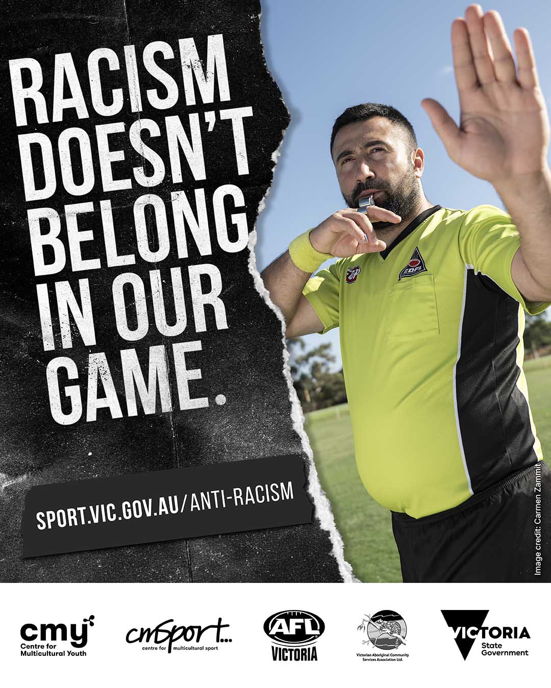 referee blowing whistle with text 'Racism doesn't belong in our game' with link to 'sport.vic.gov.au/anti-racism