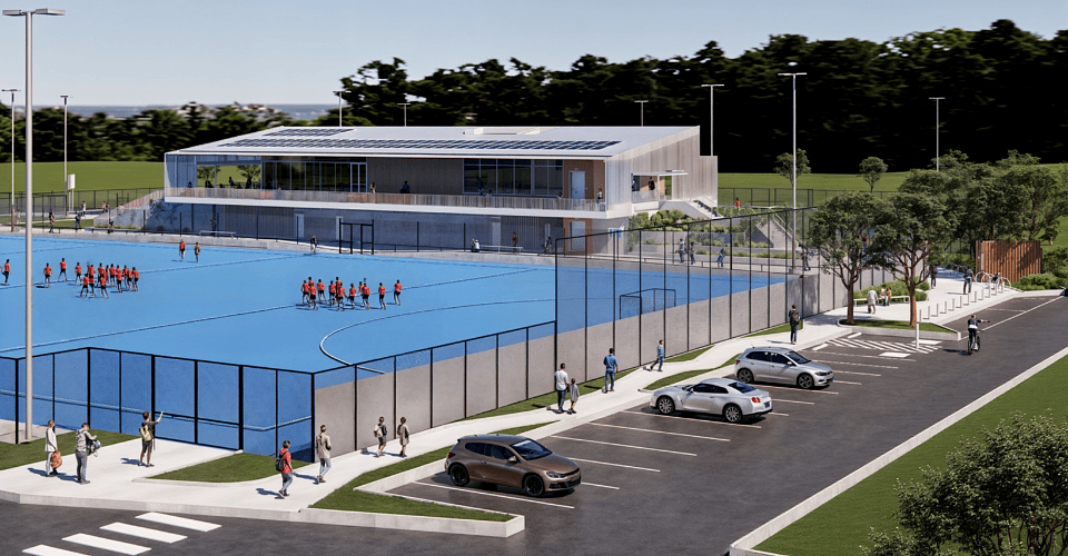 Artist render of the playing field and club rooms at Stead Park.
