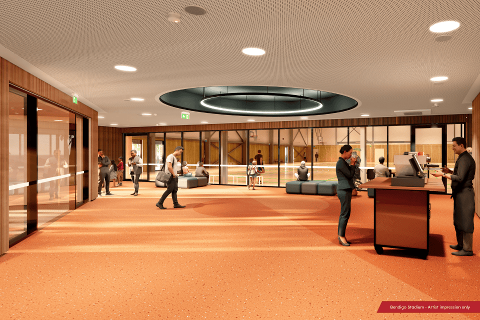 Artists rendering of Bendigo Stadium showing the facade of the building and the car park.