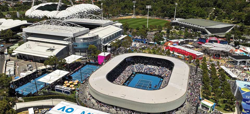  Aerial view of Melbourne Park during the Australian Open.