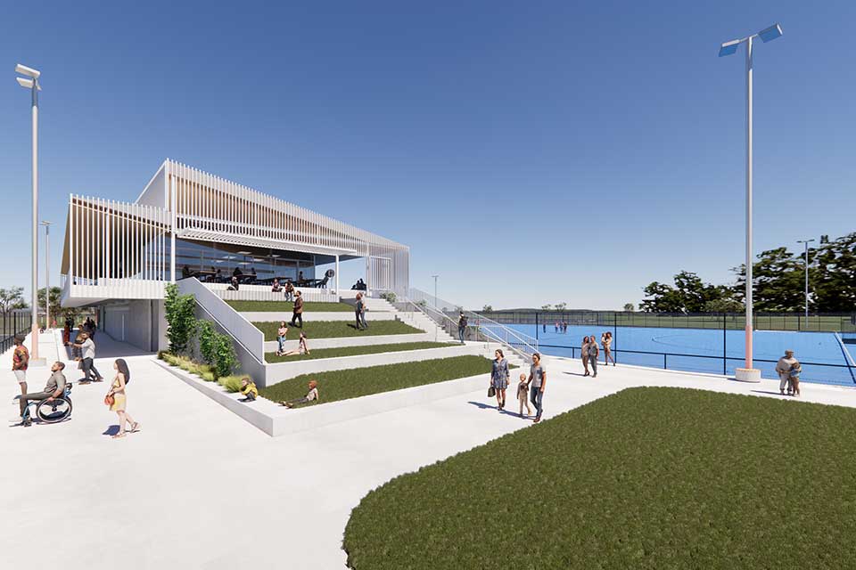 Artist render of Stead Park showing people using the grass covered terrace.