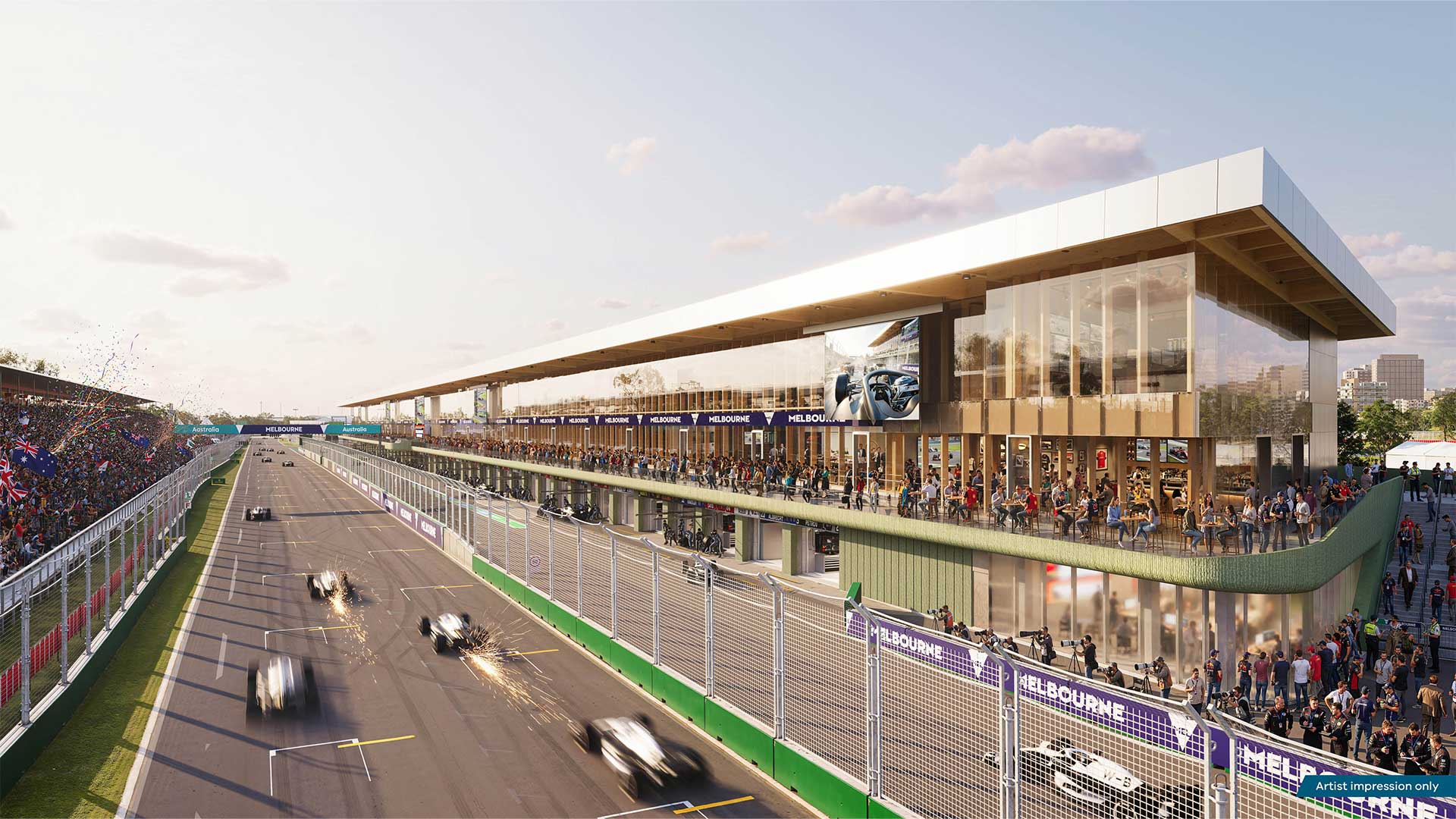 The new Albert Park Pit Building on raceday with the new planned design alongside pit straight and the track finishing line.