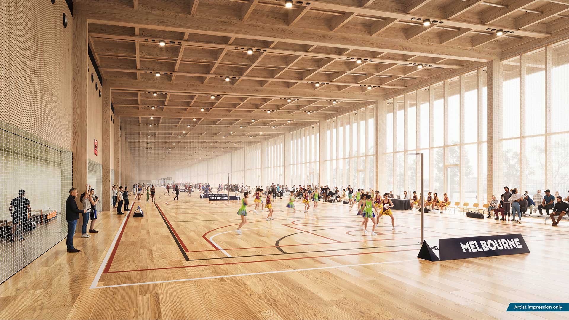 Planned design inside the new Albert Park Pit Building in use for netball.