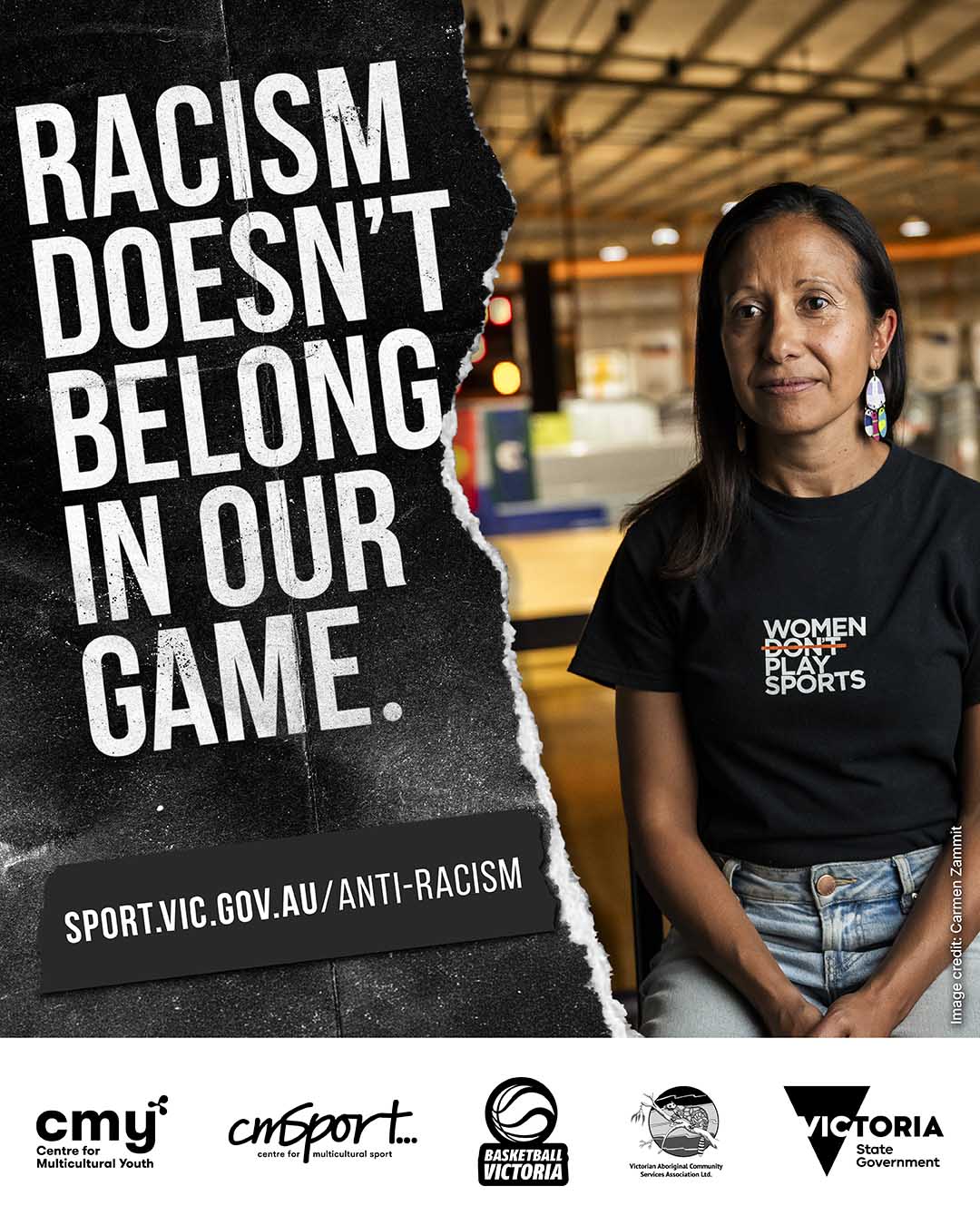 person with black tshirt on basketball court with text 'Racism doesn't belong in our game' with link to 'sport.vic.gov.au/anti-racism