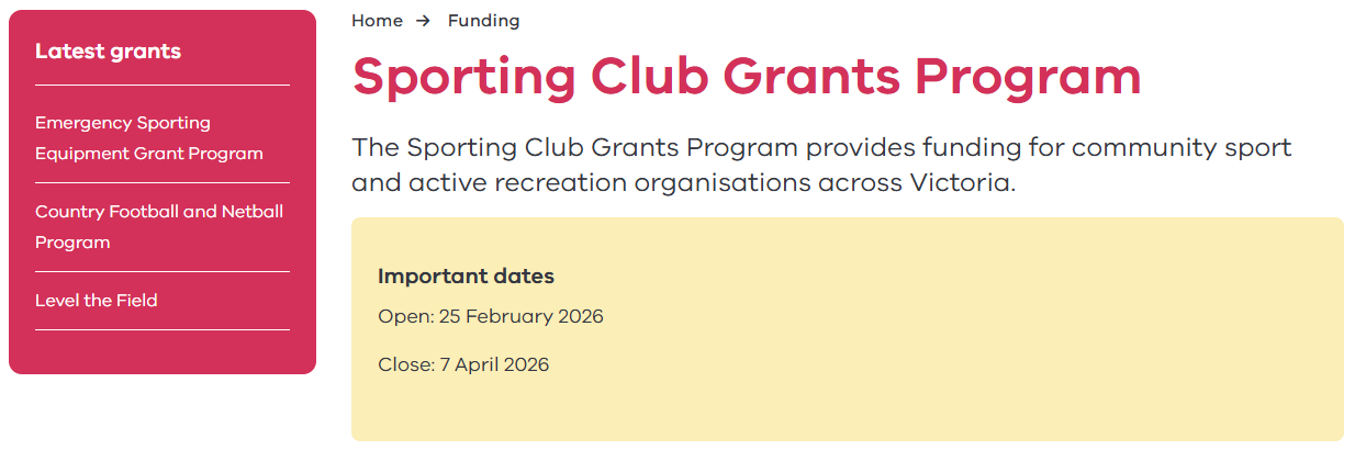 Sporting Club Grant Program web page showing important dates.
