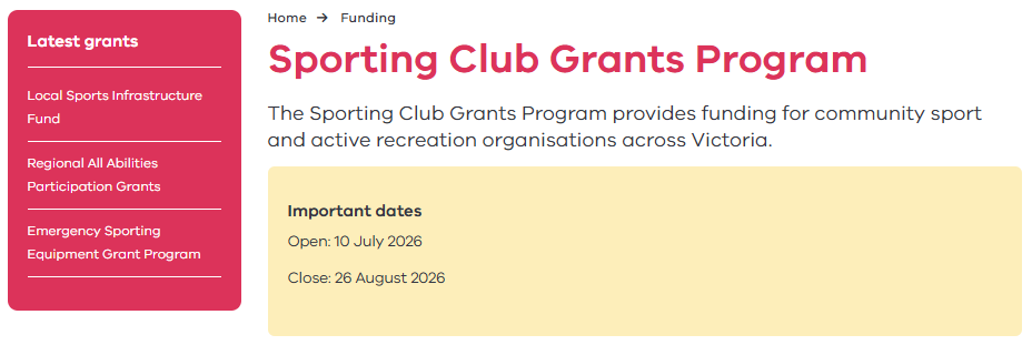 Image: the Sporting Club Grants Program web page Sporting Club Grant Program web page showing important dates.