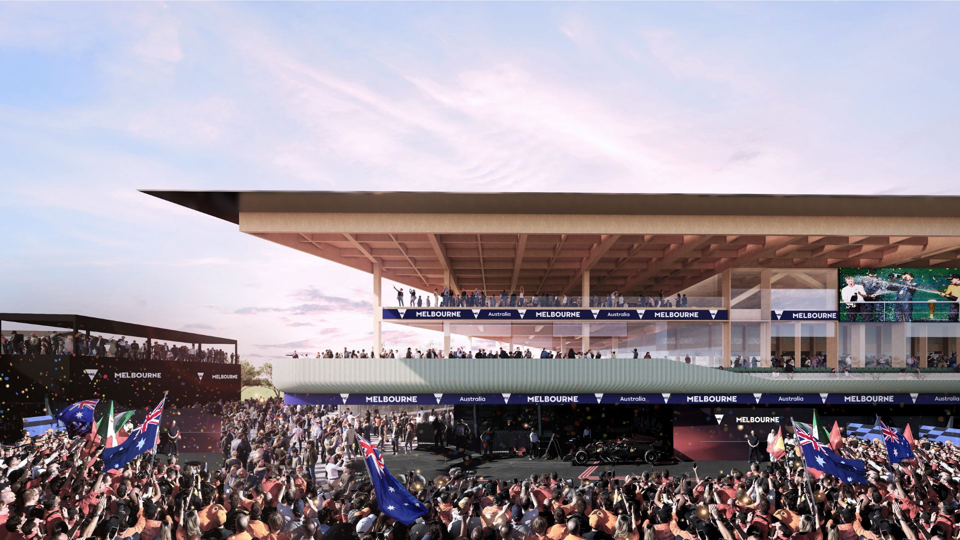 Artists’ render of the new pit building, showcasing the venue during the Formula 1 Australian Grand Prix.