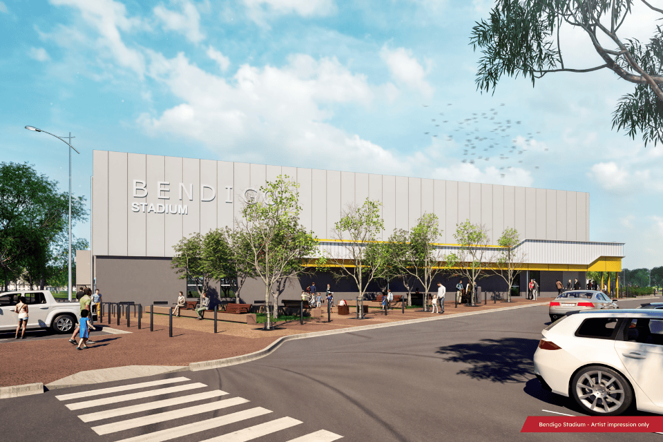 Artists impression of the outside of Bendigo Stadium.