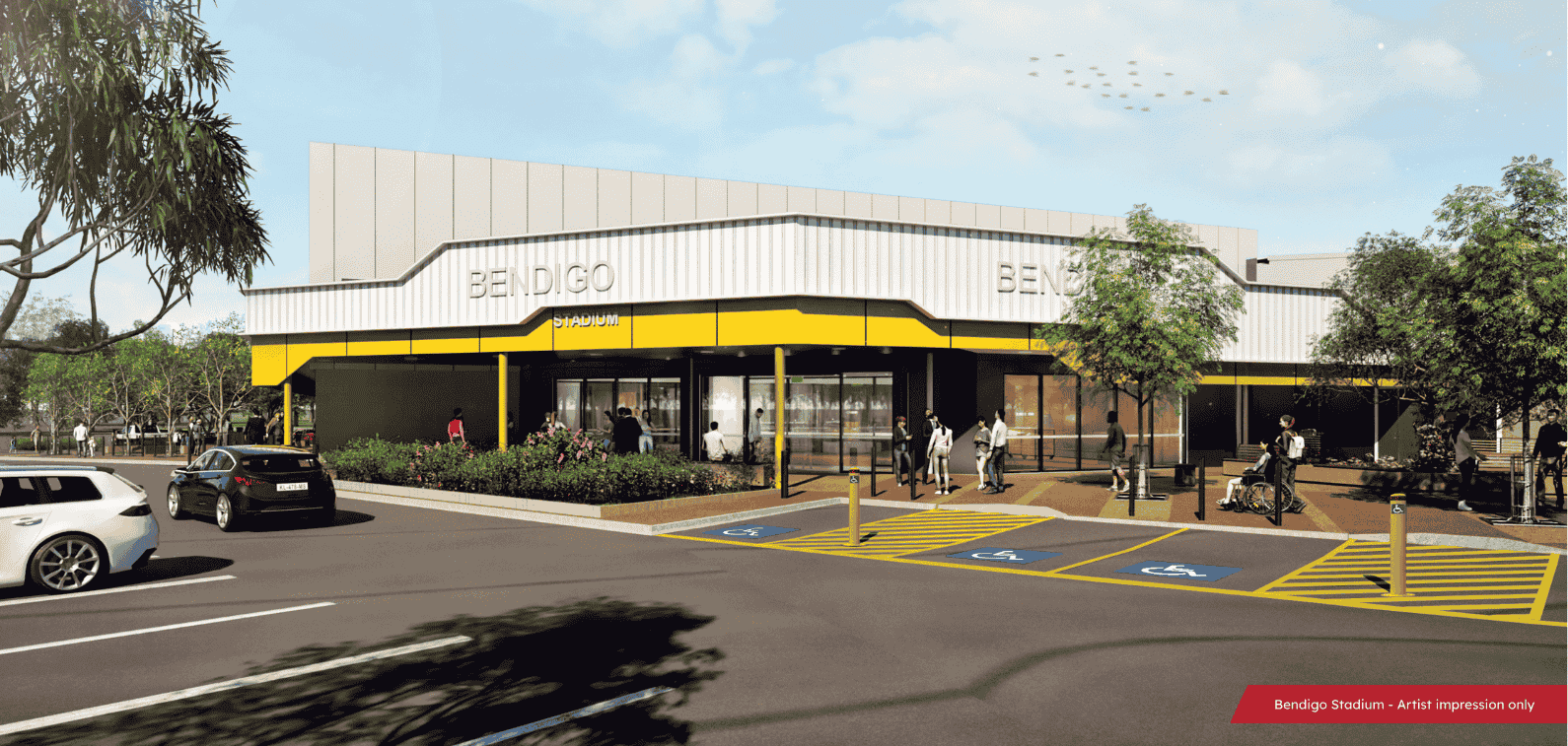 Artists rendering of Bendigo Stadium showing people entering a foyer area. Through glass widows in the background is a basketball court.