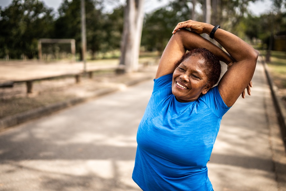 Lady in blue stretching