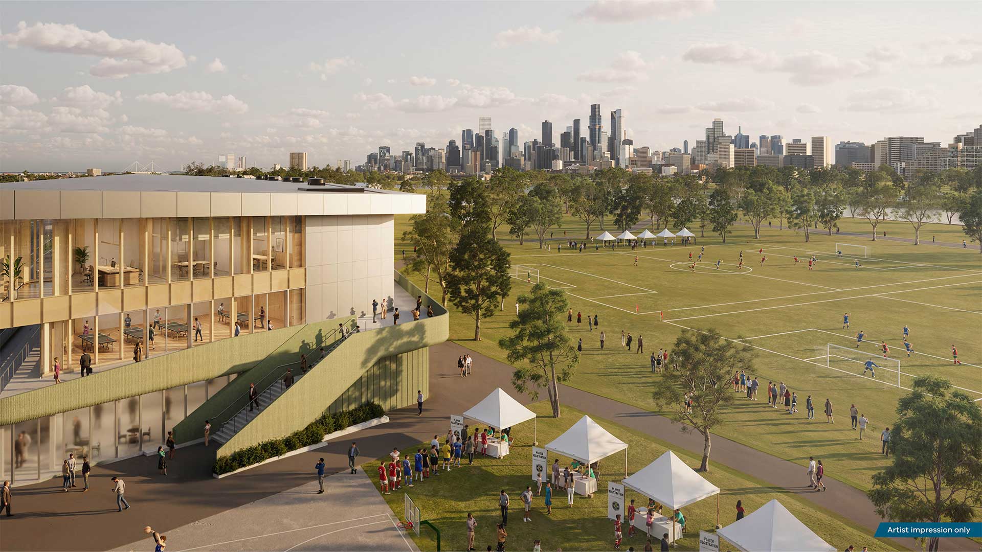 An overview of the new Albert Park Pit Building in relation to nearby outdoor sporting fields and Melbourne’s CBD.