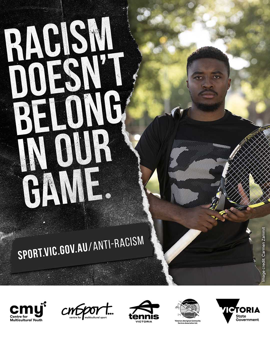 person holding tennis racquet with text 'Racism doesn't belong in our game' with link to 'sport.vic.gov.au/anti-racism