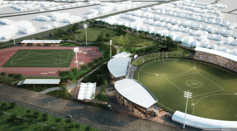 Artist's impression showing an aerial view of Eureka Stadium in Ballarat and neighbouring athletics facilities..