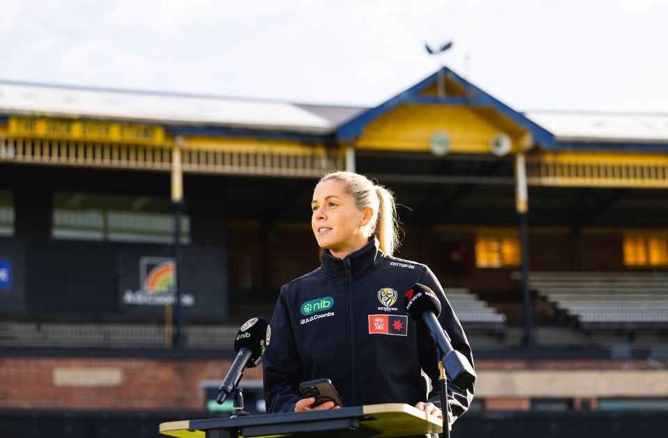 Richmond’s AFLW captain Katie Brennan in front of the old Jack Dyer Stand Richmond’s AFLW captain Katie Brennan in front of the old Jack Dyer Stand