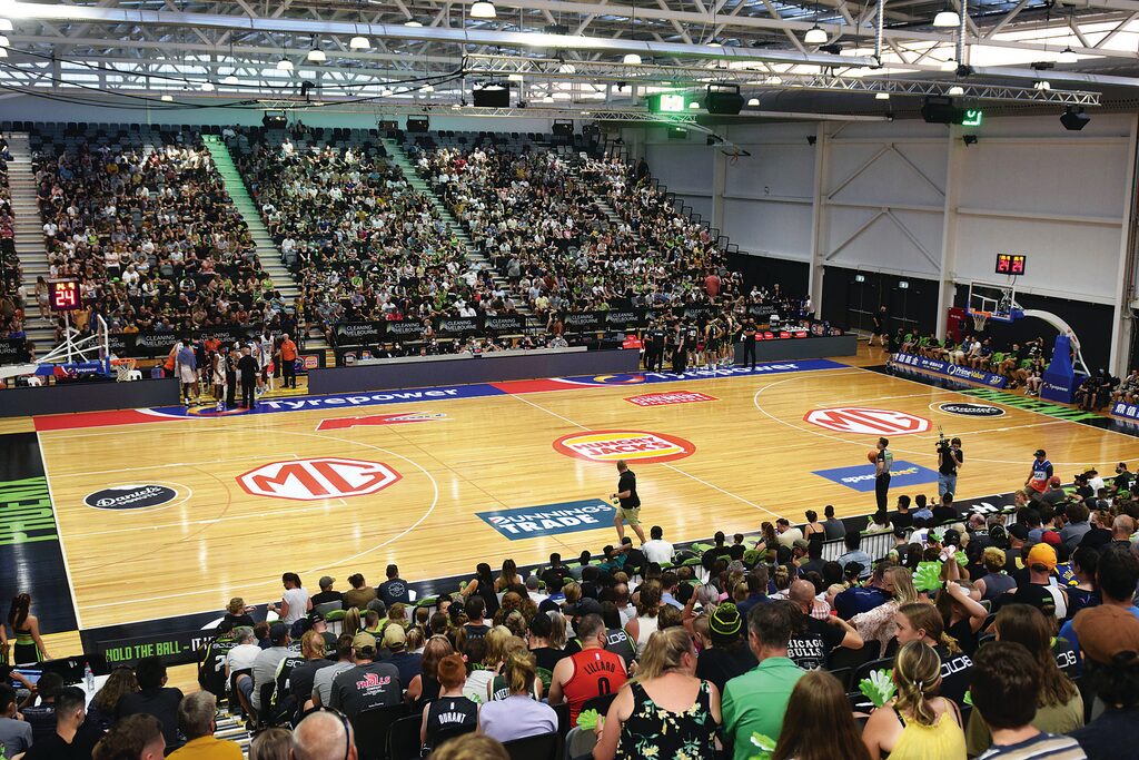 View of the basketball court at the Gippsland Regional Indoor Sports Stadium from the top of the bleachers. 