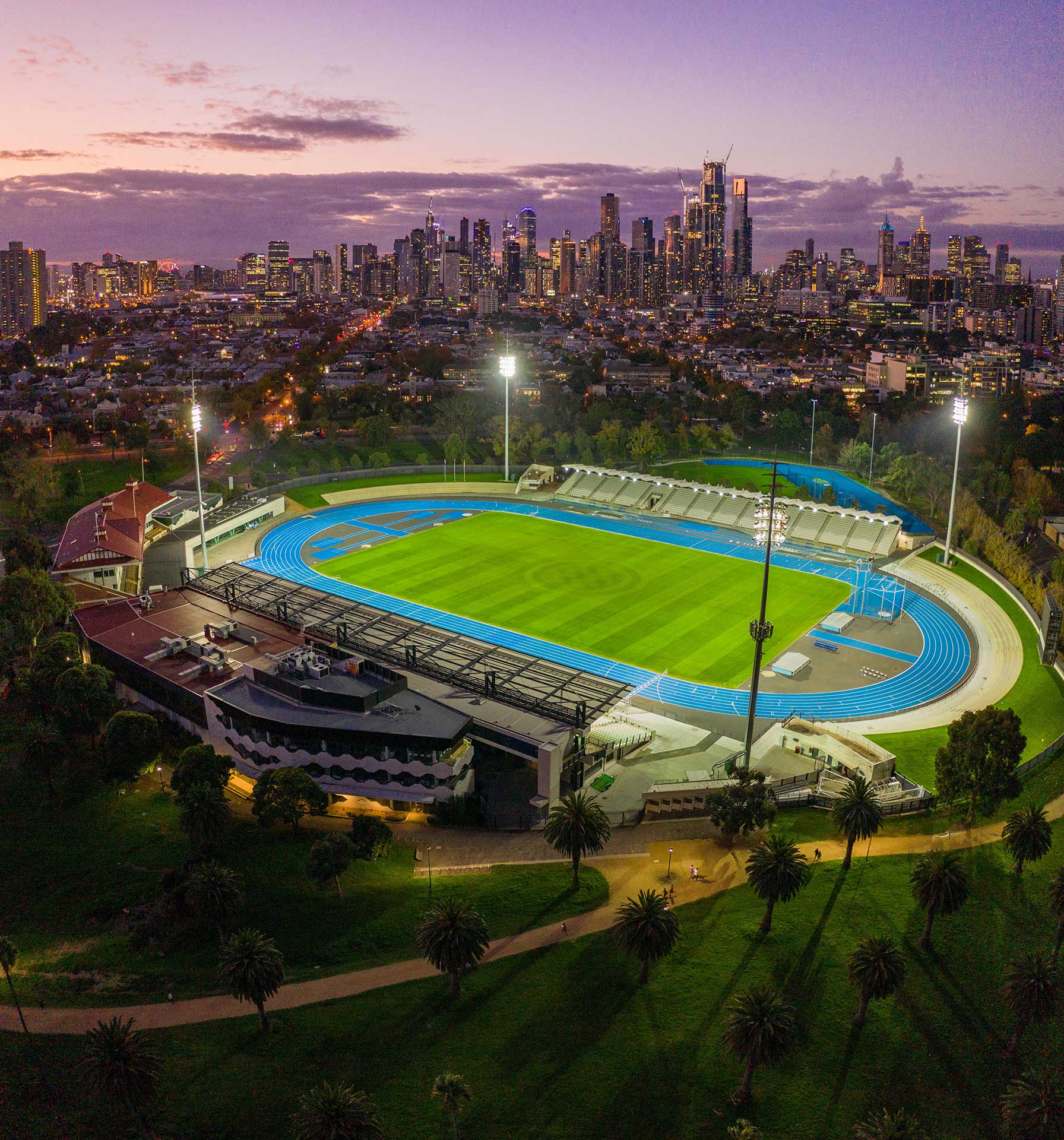 Lakeside Stadium under lights.