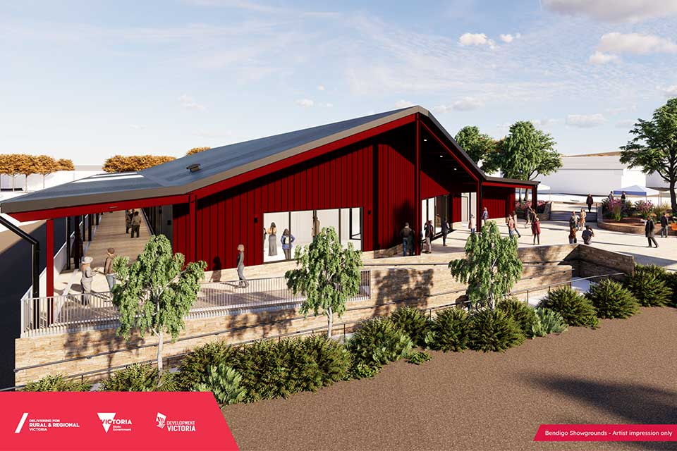 Artist's impression of the Bendigo Showgrounds pavilion with small trees and shrubs in the foreground.