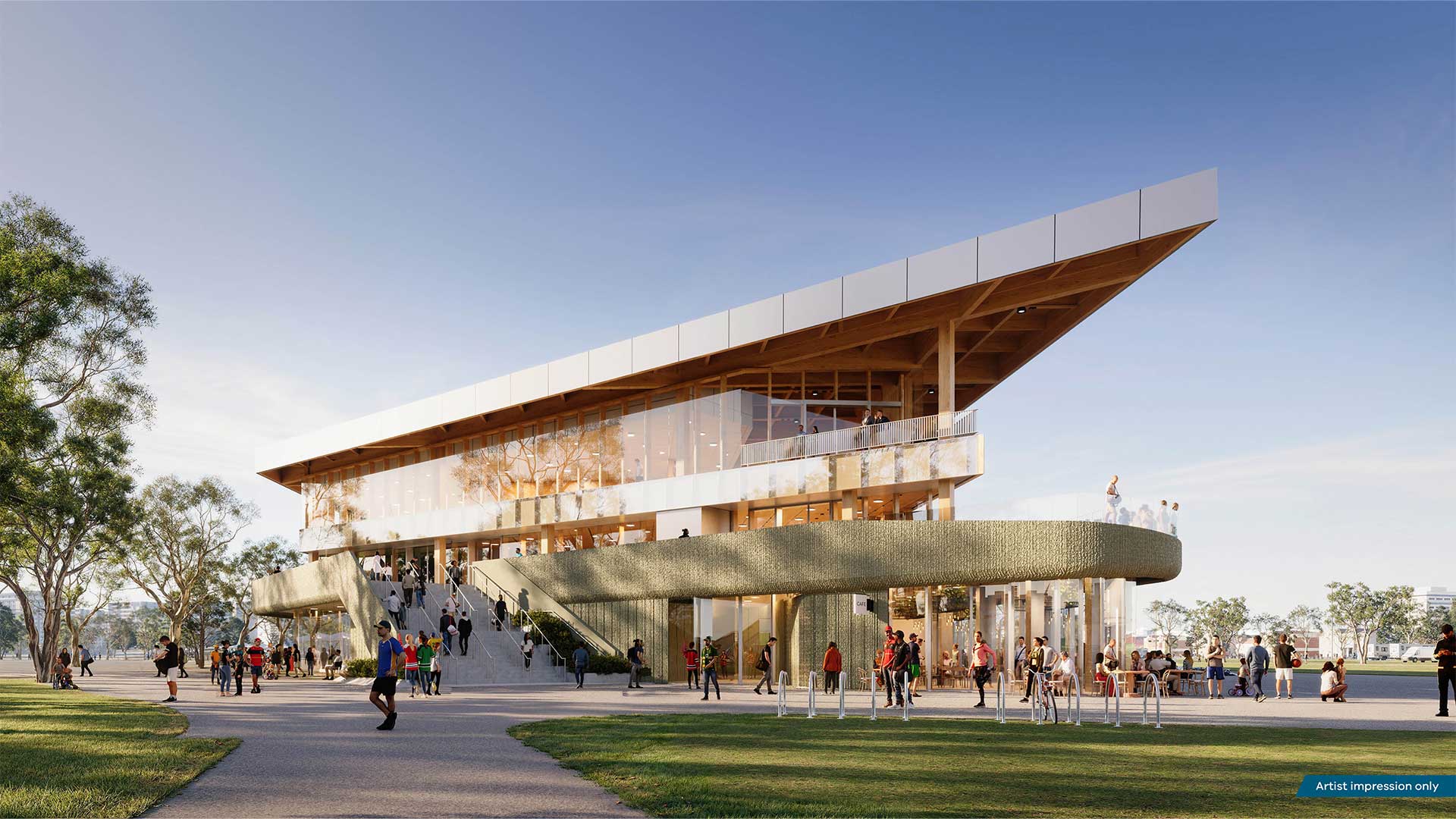 Render of the new Albert Park Pit Building when being utilised on gameday for local sport.