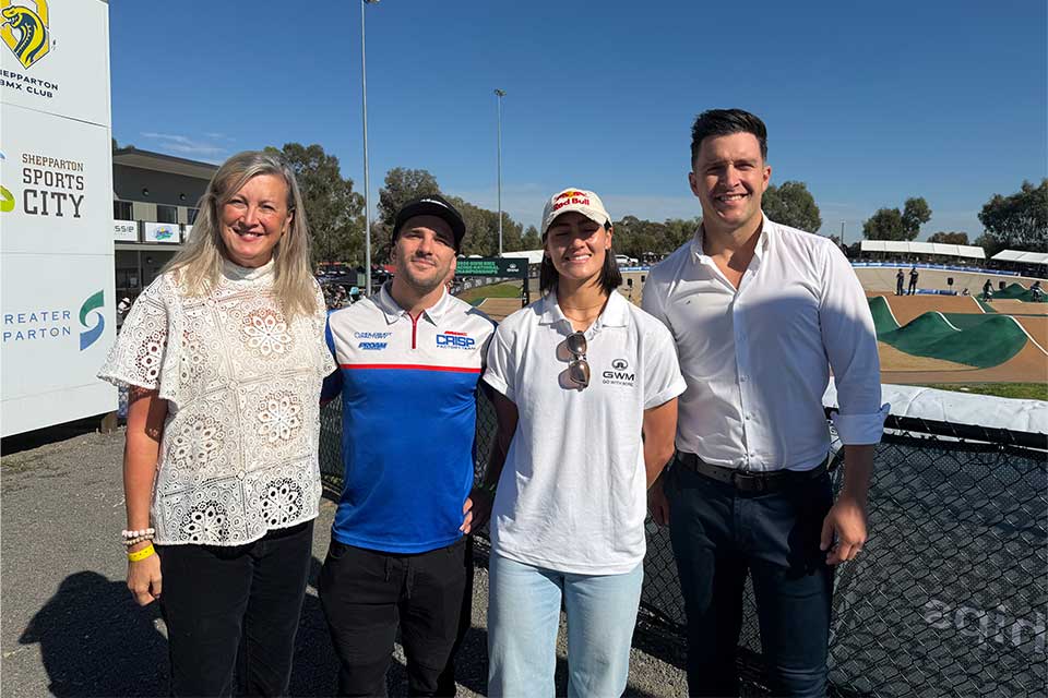 CEO of AusCyling Marne Fechner, defending BMX National champion Hayden Fletcher, Olympic BMX champion Saya Sakakibara, Greater Shepprton Mayor Cr Shane Sali.
