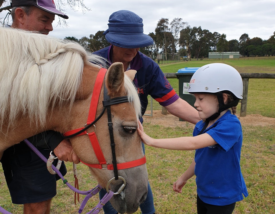 Lousie meeting Moshie the horse at a Riding for the Disabled Victoria event.