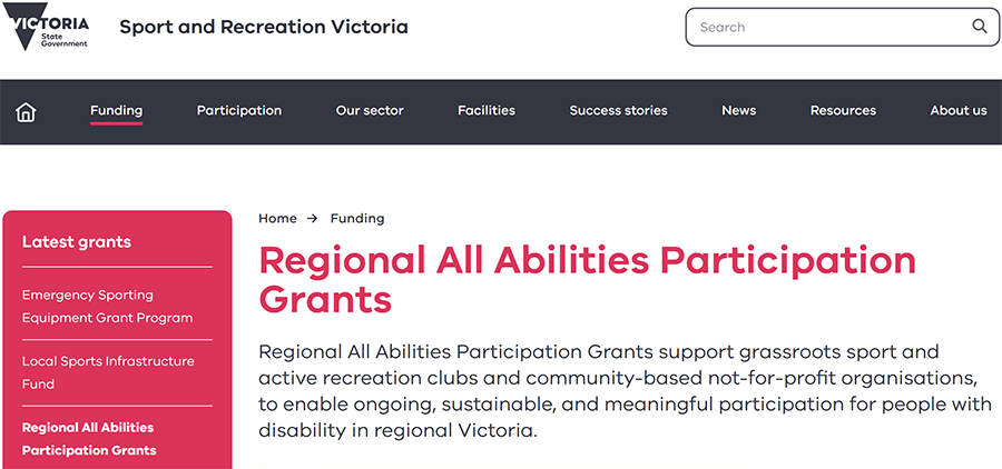 A snapshot of the Regional All Abilities Participation Grants webpage