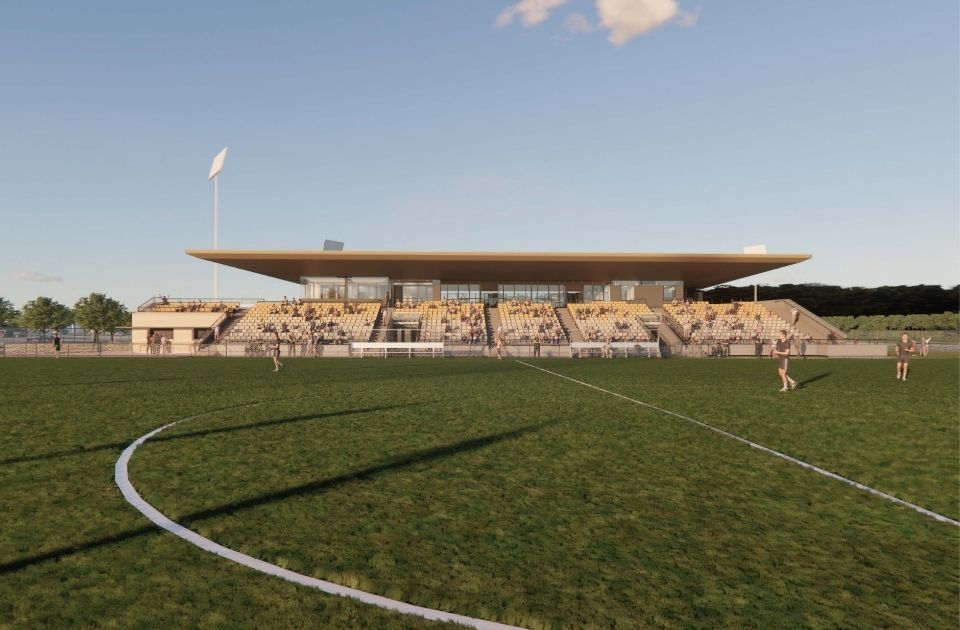 Artists rendering of Gippsland Sports and Entertainment Park showing the stand and players on the field.