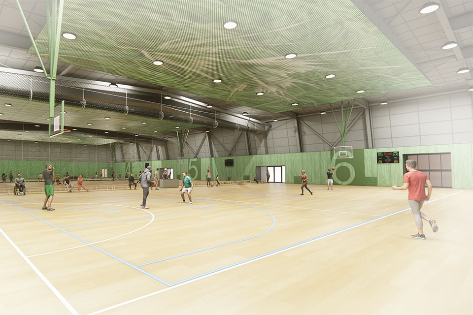 Artist's render of the multi court facility at Waurn Ponds Sporting Complex, showing people playing basketball.