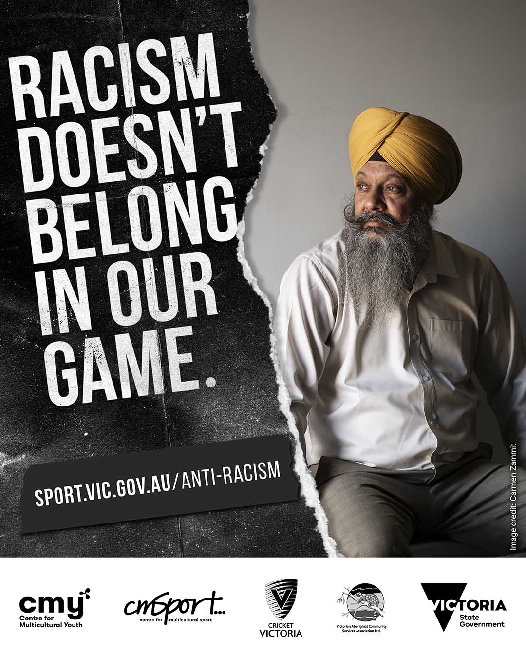 Person wearing turban with text 'Racism doesn't belong in our game' with link to 'sport.vic.gov.au/anti-racism