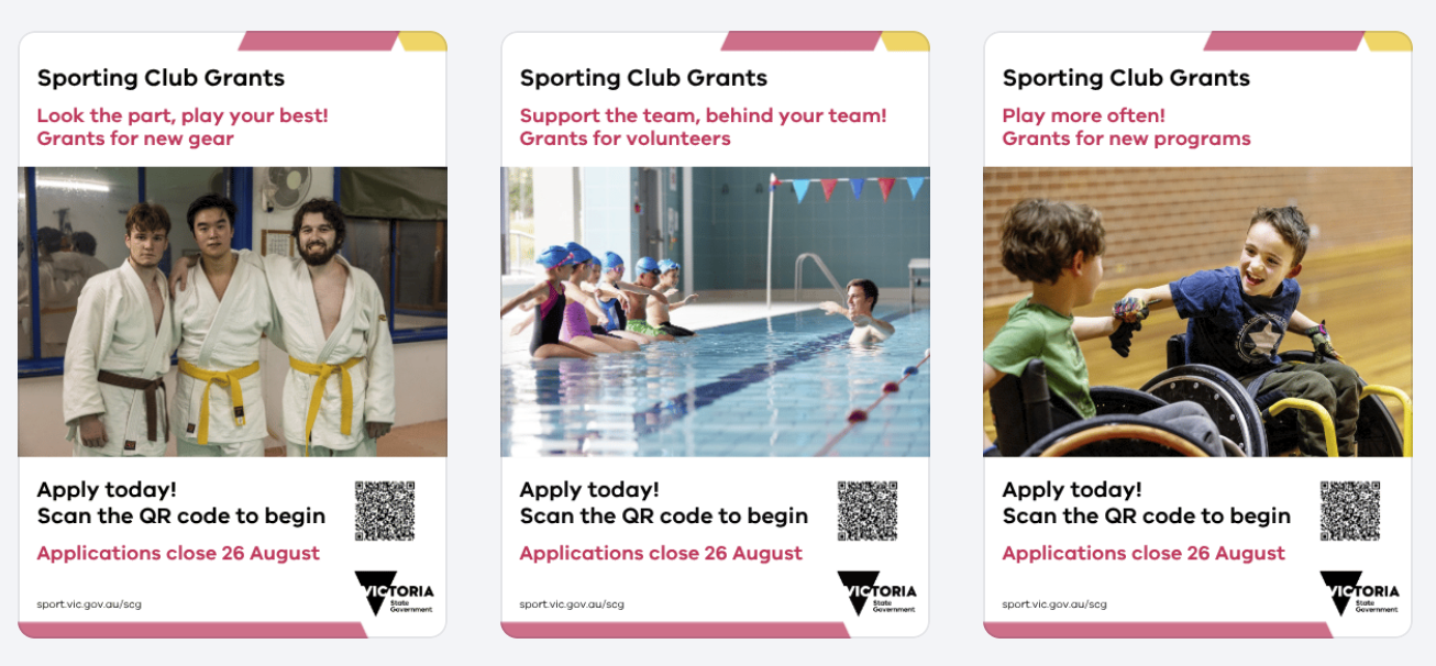 Screenshot of example posters for advertising the Sporting Club Grants