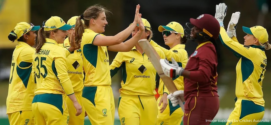 Australia celebrating a wicket in their ODI match against the West Indies