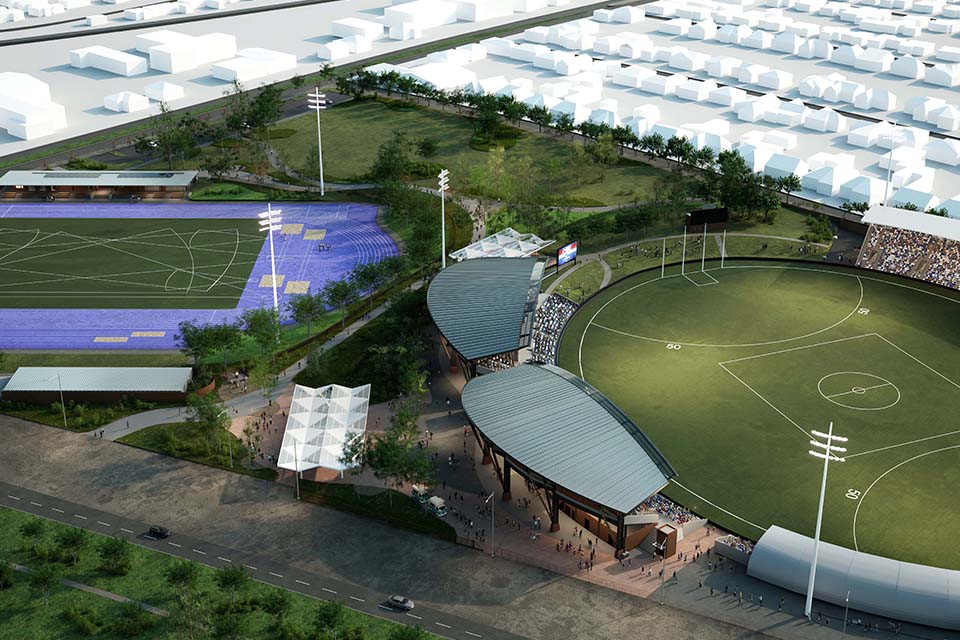 Artist's impression of the aerial view of the Ballarat Major Events Precinct upgrades including 5,000 new permanent seats at Mars Stadium, a new athletics track as part of the Ballarat Regional Athletics Centre.