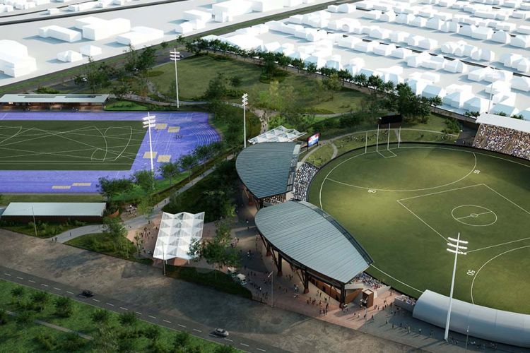 Artist's impression of the aerial view of the Ballarat Major Events Pricinct upgrades including 5,000 new permanent seats at Mars Stadium, a new athletics track as part of the Ballarat Regional Athletics Centre.